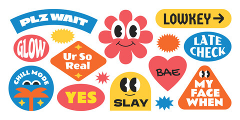 Colorful trendy and groovy stickers collection. Gen z and millenials slang words and quote y2k style.
