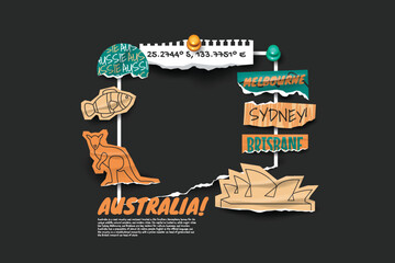 Australia travel frame collage photos with scrapbook torn paper style.
