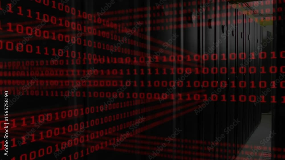 Fototapete on system startup streaming red binary digits across server aisle illustrating continuous data flow