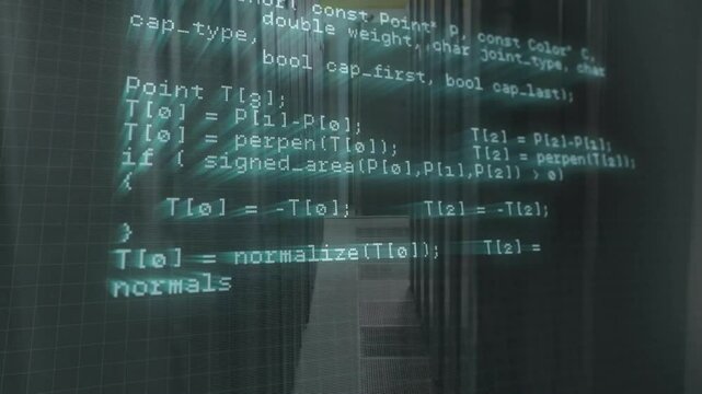 Translucent C++ overlay scrolling down corridor, revealing constructors vector math and HTTP calls
