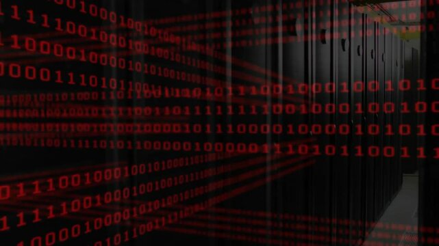 On system startup streaming red binary digits across server aisle illustrating continuous data flow