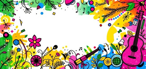Vibrant, abstract Brazilian Carnival card design with colorful doodles and musical elements,  samba,  energy