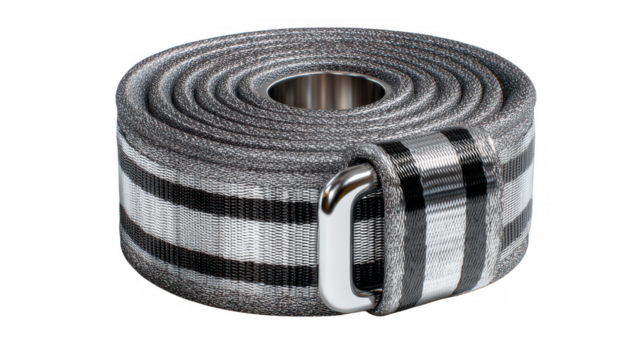 Rolled fabric belt with silver buckle and black white stripes isolated on transparent background