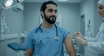 A male doctor receives a vaccination in a modern medical facility, showcasing healthcare professionalism and patient care.