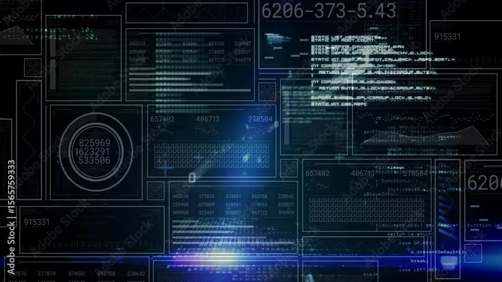 Poster dark grid activating, numeric clusters filling data panel, code windows updating, beams sweeping