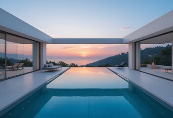 Fototapeta premium Luxury Modern Villa with an Infinity Pool and a View at Sunset 