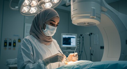Focused surgeon in hijab performs delicate surgery under bright operating room lights.