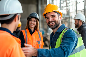 An industrial work team at work, chatting and smiling, a manager dressed in a hard hat welcoming a worker.
