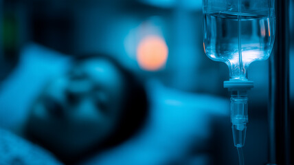 Fototapeta premium Focused Intravenous Drip in Dimly Lit Hospital Ward Emphasizing Critical Patient Care and Medical Vigilance 