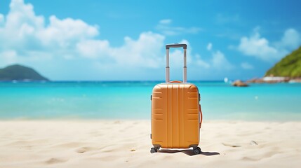 Orange suitcase stands on a sandy beach with turquoise water and blue sky in the background scenery