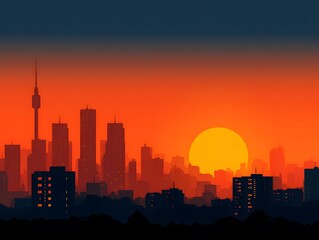 Naklejka premium A striking sunset paints the cityscape with a fiery orange and deep silhouette, creating a mesmerizing scene of urban majesty.
