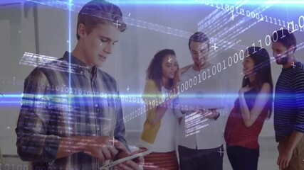 Developer tapping tablet generating code overlay in IT meeting with team working at laptop smiling - Powered by Adobe