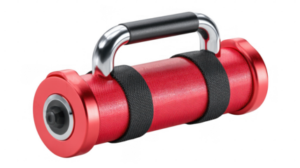 Red cylindrical fitness weight with black handle and straps isolated on transparent background