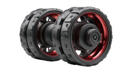 Two abdominal exercise roller wheels with red rims isolated on transparent background