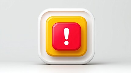 A 3D rendered square app icon featuring a red square with a white exclamation mark, nested within a larger yellow square, then a larger white square.  It's set against a light gray background