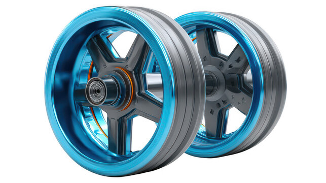 Pair of futuristic motorcycle wheels with shiny blue rims isolated on transparent background - Powered by Adobe