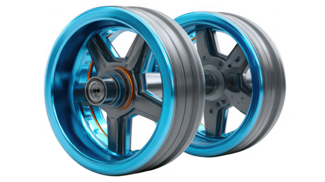 Pair of futuristic motorcycle wheels with shiny blue rims isolated on transparent background