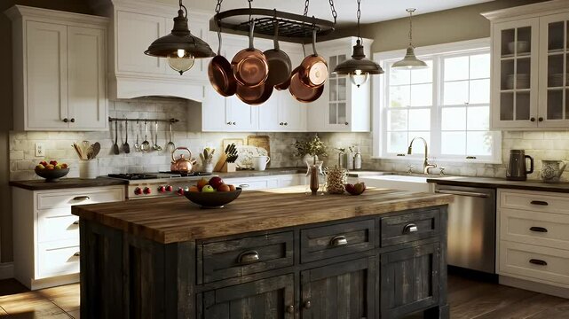 Farmhouse Kitchen Interior with White Cabinets a Wooden Island with Fruit Bowl and Hanging Copper Pots Creating a Warm and Inviting Atmosphere - Powered by Adobe