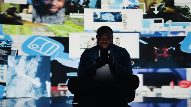 African american person being immersed in excessive information, depicting the crisis and paranoia of social addiction. Dangerous social media overuse, mental health deterioration. Camera A.