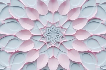Intricate paper art design with layered shapes in soft pink and light gray tones highlighting floral motif and symmetrical patterns. 3d arabic mandala background concept.
