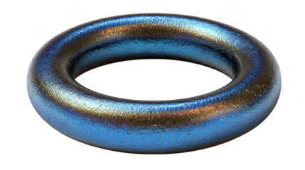Textured metallic torus with blue and gold iridescent sheen isolated on transparent background