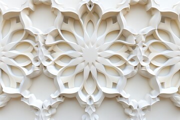 Intricate White 3D Arabic Geometric Pattern with Floral Motif on Light Background for Modern Decor and texture Design.