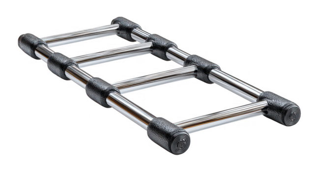 Shiny metal ladder rung structure with textured black grips isolated on transparent background