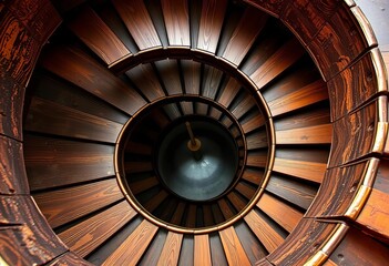 Worn wooden spiral staircase, intricate details, aged patina, curve, winding stairs