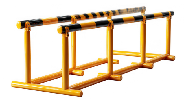 Pair of orange and black striped hurdles for athletic training isolated on transparent background