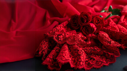 A luxurious composition featuring rich red lace with intricate floral patterns, and three red roses, artfully arranged on a dark, subtly textured fabric. Ideal for themes of romance, elegance, passion