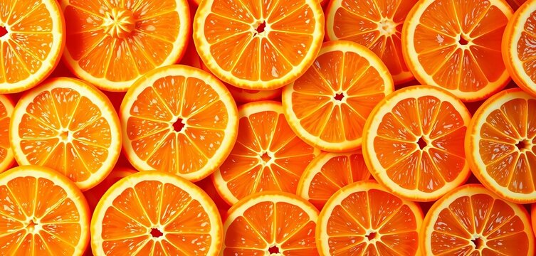 Vibrant seamless pattern of juicy orange slices, overlapping and backlit,  print,  round