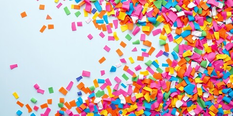 Vibrant confetti-like paper scraps in assorted colors create a textured backdrop, bright colors, paper texture