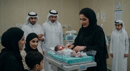 A family gathers joyfully around a newborn baby in a hospital, sharing a tender moment of love and new beginnings.