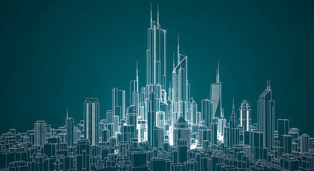 Obraz premium Futuristic city skyline rendered in wireframe, showcasing towering skyscrapers and urban density.