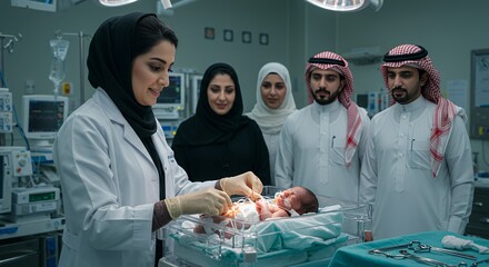 A neonatal doctor carefully attends to a newborn baby, surrounded by proud family members in a modern hospital setting.