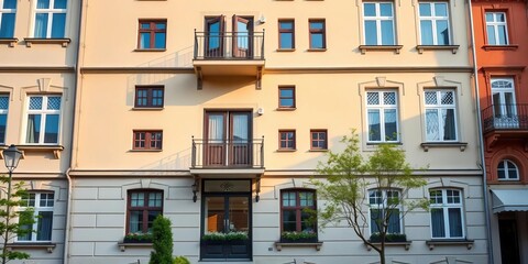 Fototapeta premium Upscale Swedish apartment building exterior, showcasing classic architecture, modern, home