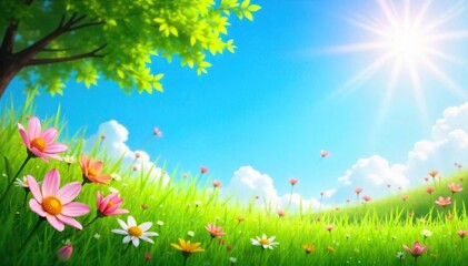 Obraz premium A vibrant summer scene featuring bright sunshine, lush green grass, and a clear blue sky, perfect for celebrating the start of the season , vibrant, garden, freedom