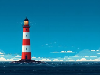 A vibrant lighthouse stands tall against a brilliant blue sky, its red and white stripes a beacon of hope and guidance, guiding ships safely through the open sea. 