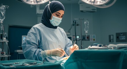 Focused surgeon in hijab performs delicate surgery, showcasing skill and precision in a modern operating room.