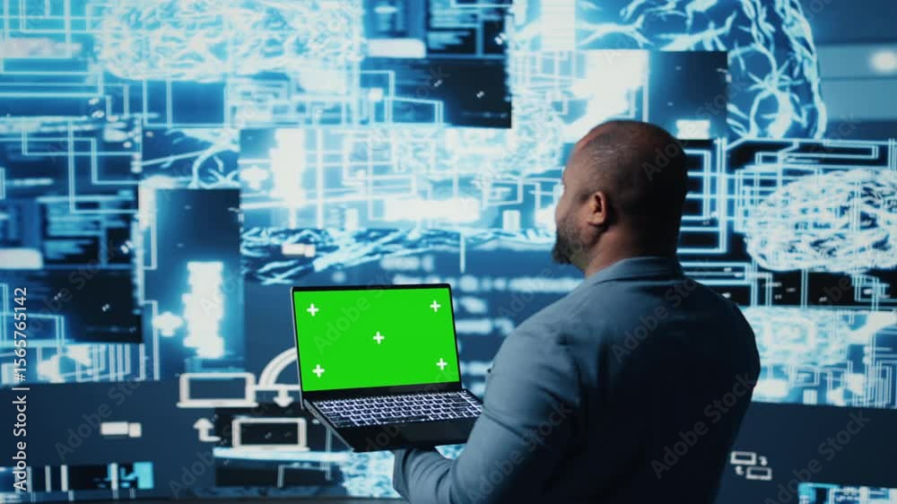 Poster young entrepreneur technician using advanced technology and green screen on laptop, exploring data s