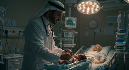 Compassionate doctor in traditional attire examines a newborn baby in a dimly lit hospital room, while a patient rests nearby.