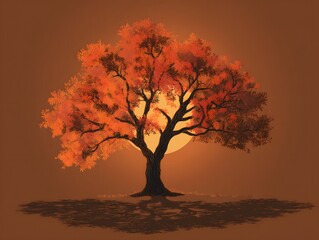 An autumnal tree silhouette against a sunset. The warm glow of the setting sun illuminates the scene, creating a harmonious blend of color and light. 