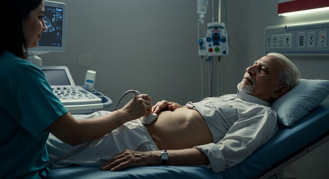 A doctor performs an abdominal ultrasound examination on a senior patient, carefully assessing his health in a dimly lit hospital room.