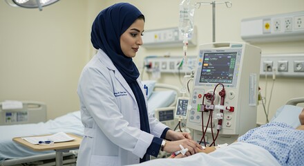 Compassionate female doctor carefully attends to a patient undergoing dialysis, showcasing dedication and expertise in a modern healthcare setting.
