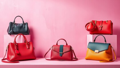 Stylish handbags displayed on a chic background, travel, shopping