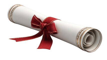 Elegant white scroll tied with red ribbon isolated on transparent background