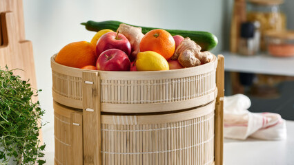 Fresh fruits and vegetables displayed in a wooden basket on a kitchen countertop during daytime.