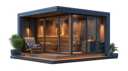 Modern wooden sauna cabin with glass walls and cozy seating isolated on transparent background