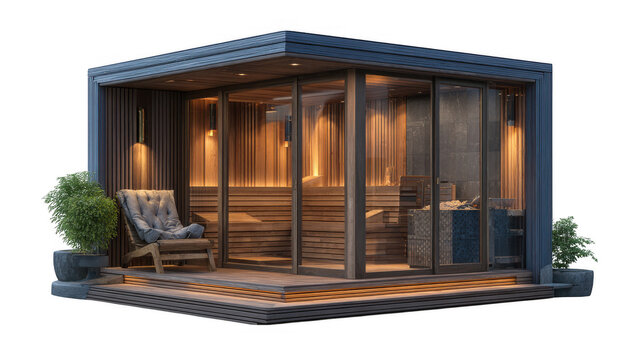 Modern wooden sauna cabin with glass walls and cozy seating isolated on transparent background - Powered by Adobe