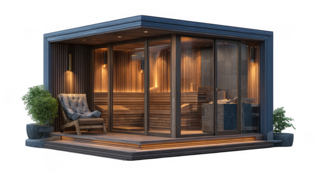 Modern wooden sauna cabin with glass walls and cozy seating isolated on transparent background